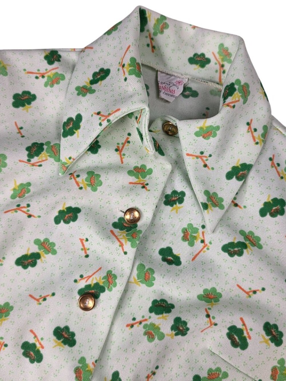 Vintage Aldens Fashions Green Floral Button-Up Shirt & Flared Pants Set